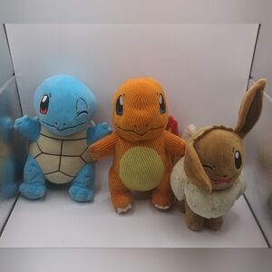 Pokemon Set of 3 Plush 8” LOT Corduroy Charmander, Squirtle & Eevee